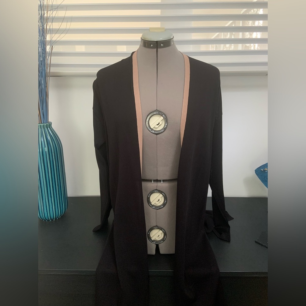 Lysee Black Open Front Cardigan with Tan Trim